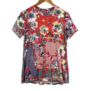 JOHNNY WAS Womens Boho Short Sleeve Crew Neck T shirt XS Fairy Floral Patchwork
